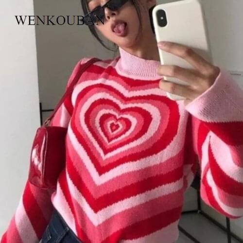 Heart Striped Turtleneck Women Sweater Y2K Aesthetics Long Sleeve Pink Pullovers Ladies Knitted Sweater Spring Autumn Streetwear