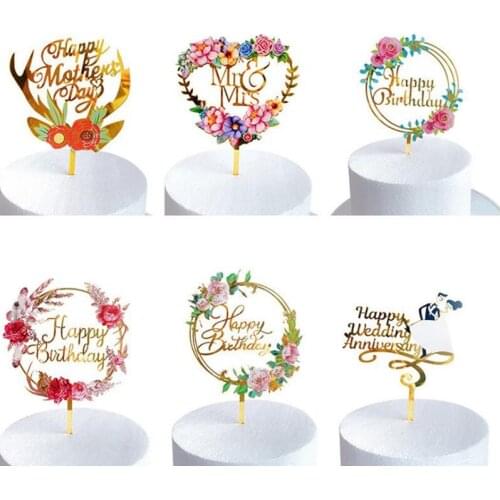 1PC Party Color Printing Flowers Birthday Cake Insert Dessert Decoration Topper Card Ins Style Acrylic Insert Cake Decoration
