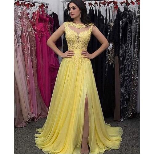 2020 Simple Yellow Lace Prom Dresses A Line Ruched Chiffon Formal Evening Dress Gown Long With Split Slit