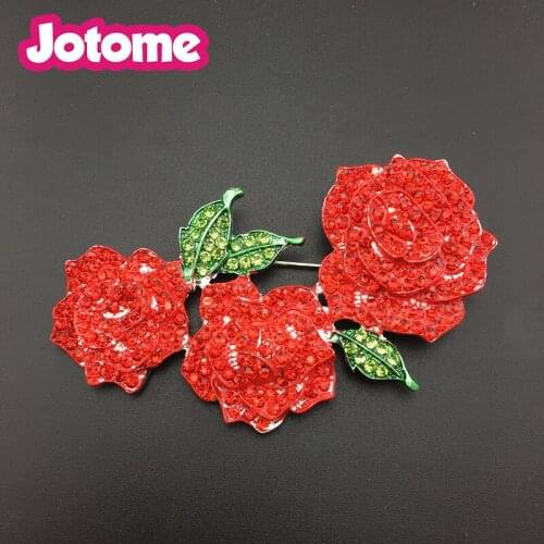 50/100pcs fancy luxury silver tone Red Crytal Rhinestone 3 Rose Flowers Brooch Pin/broach Birdal womens gift