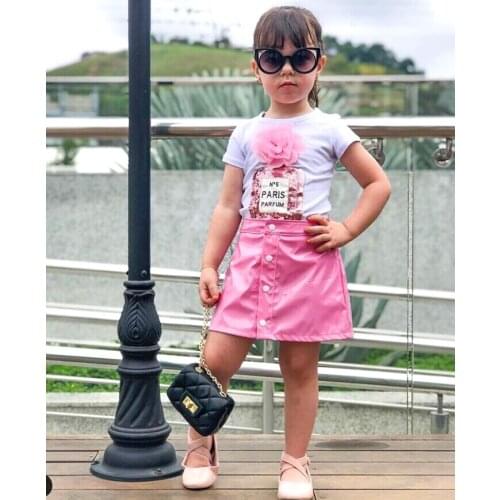 Pudcoco Floral Clothes Set for Toddler Kids Baby Girl 3D Flower Tops Tee Leather Skirt Outfit Clothes Summer