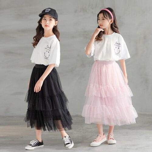 Childrens Net Yarn Skirts Summer New Big Girls Korean Multi-layer Princess Skirts 5-11 Y Teen Kids Girls Cute Solid Long Skirt