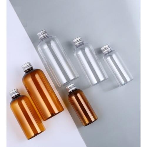 100/200/300ml Hydrolat PET Plastic Bottle Clear Amber Makeup Refillable Astringent Toner Plug Bottle with Aluminum Lid 10pcs