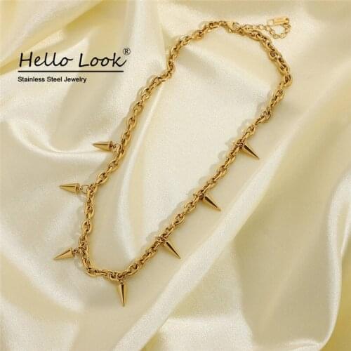 HelloLook 14K Golden Conical Rivets Pendant Necklace Women 316L Stainless Steel Necklace Choker Conical Rivets Charm Choker