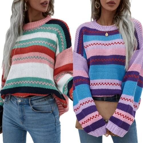 Hirigin Colorful Rainbow Striped Knitted Sweaters Pullovers 2021 Autumn Winter Warm Long Sleeve Loose Causal O-neck Sweaters