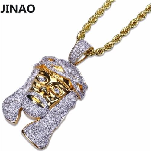 JINAO HipHop Jewelry Necklace Gold Color Iced Out Copper Micro Pave CZ Stone Pharaoh Head Pendant Necklaces With 60" Rope Chain