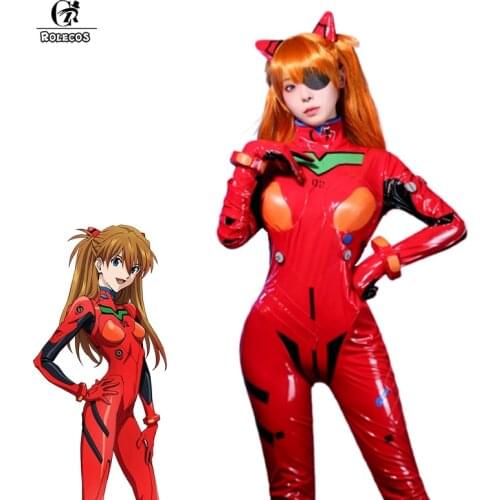 ROLECOS Ainme EVA Cosplay Asuka Langley Soryu Costume Cosplay Leather Costume Red Bodysuit Jumpsuit Sexy Catsuit Halloween