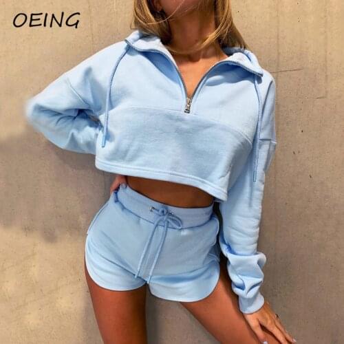 Fashion Long Sleeve Sport Fitness 2 Piece Sets Outfits Crop Top and Shorts Casual Jogging Matching Set Tracksuit