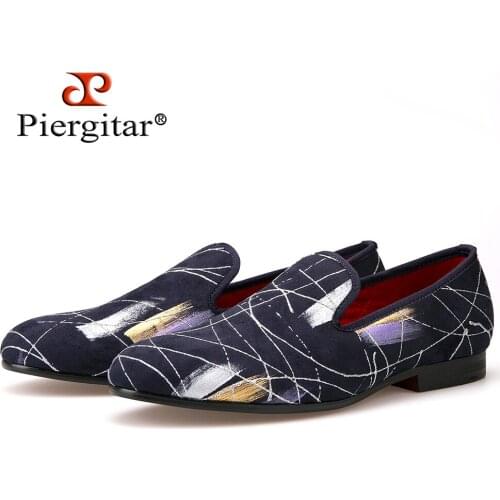 Piergitar Luxury Handmade ink painting style Men casual shoes Men Plus Size Loafers Mens Flats Size US 4-14 Free shipping