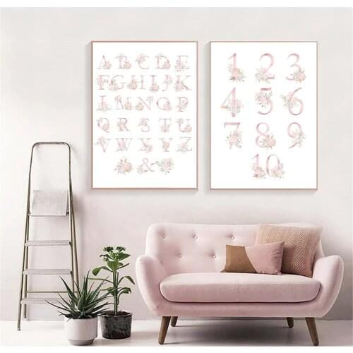 Pink Alphabet Number Wall Art Posters ABC Canvas Painting Nursery Print Education Poster Nordic Wall Pictures Girls Room Decor