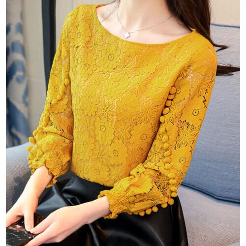 Womens Spring Autumn Style Lace Blouses Shirt Womens Hollow Out O-Neck Embroidery Solid Color Lace Tops DD9003