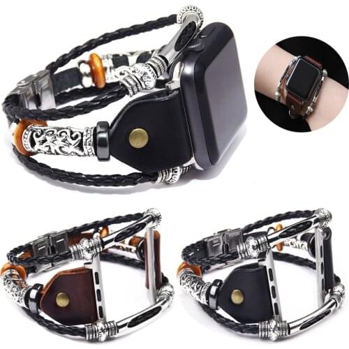 44mm 40mm silver PU Leather Watch Strap for Apple Watch Series Band 5 4 3 2 Bead Braided Bracelet Strap for iWatch 42mm 38mm