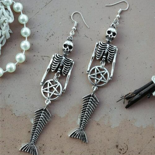 Skeleton Mermaid Earrings with Pentagram Gift for Her Steampunk Goth Punk