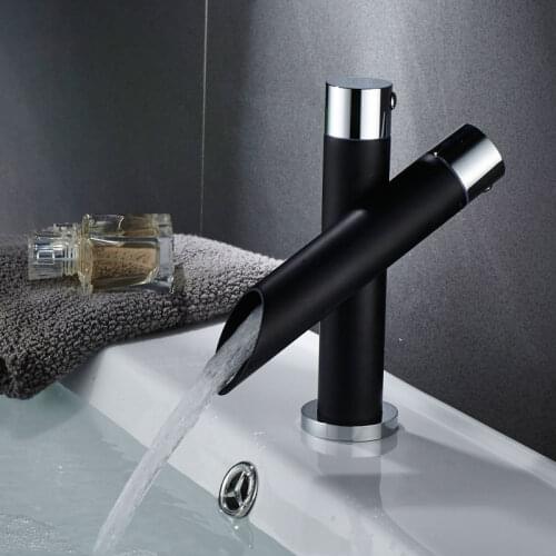 Basin Faucet Bathroom Matte Black Faucet Double Handle Single Hole Waterfall Stream Deck Faucet Hot & Cold Water Mixer Tap