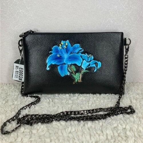 Vintage Women Floral Printed Flaps Clutch Bag Chain Crossbody Bags Genuine Leather Handbag Ladies Ethical Packing Message Bag