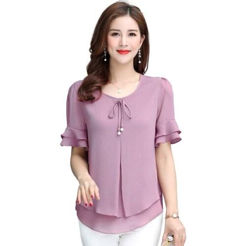 Sweet T Shirt Short Sleeve T-Shirts Women Plus Size Top Pink Chiffon Ladies Office Shirts 4XL Boho Summer Clothing Double Layer