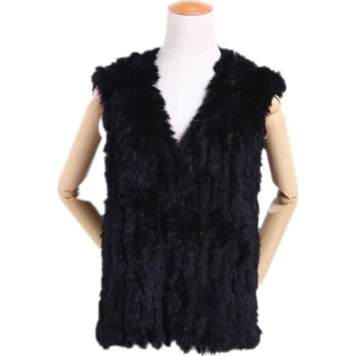 ZY88005 Classic Lady Genuine Knitted Winter Women Rabbit Fur V-Neck Vest Trimming Fur Waistcoat Gilet Outwear