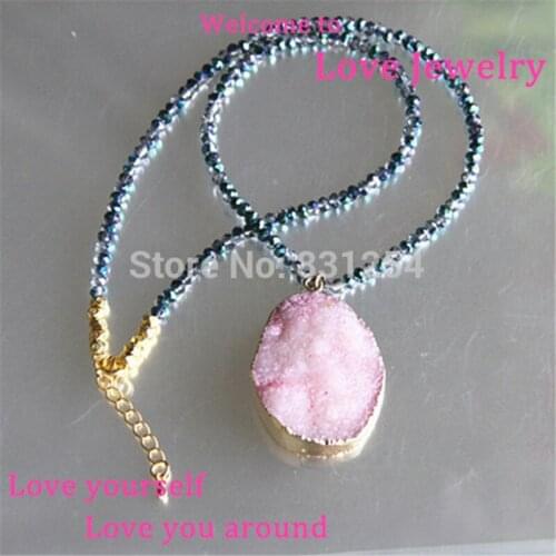 1pc Natural Pink Quartz Drusy Stone Pendant Necklace with Loose Beads Chain Charm Stone Druzy Necklace Women Statement Jewelry