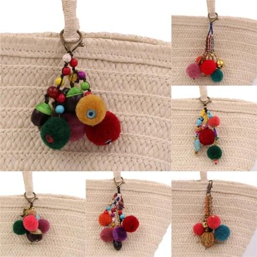 1pc Handmade Bodhi Colorful Pompom Ball Walnut Keychains Minority Jewelry Car Hanging Thailand Style