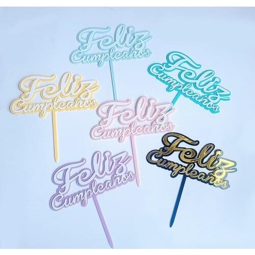 8 Pcs Feliz cumpleaños Spanish Happy Birthday Acrylic Candy color Cake Topper For Party Dessert Cake Decoration Baking Supplies