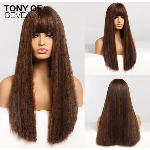 Long Sikly Straight Wigs Brown Natural Hair Wigs for Afro Women with Bangs Cosplay Party Wigs Heat Resistant Synthetic Wigs