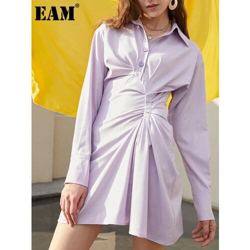 [EAM] Women Purple Irregular Pleated Shirt Dress New Lapel Long Sleeve Loose Fit Fashion Tide Spring Autumn 2021 1DD6185
