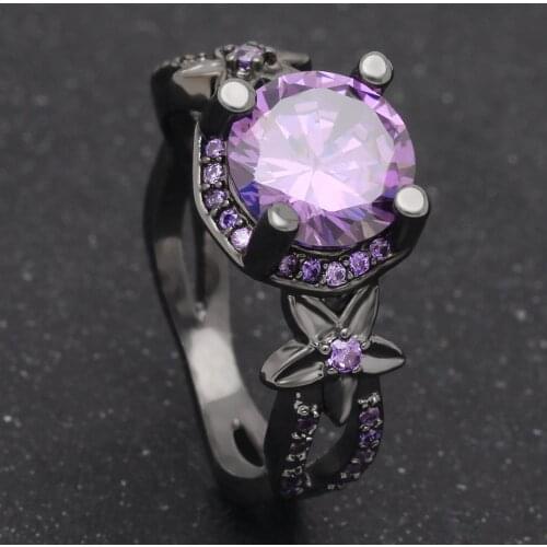 Hot Sale Unique Design Floral and Leaves Red Purple AAA Cubic Zirconia Black Gun Plated Cocktail Ring Christmas Gift