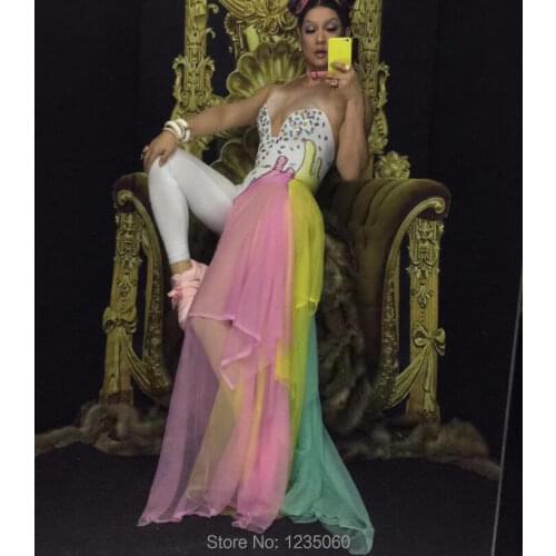 Colorful Rhinestones Bodysuit Leggings Costume Female Singer Stage Wear Mash Skirt Dance WEAR Party Stretch Jumpsuit Outfit