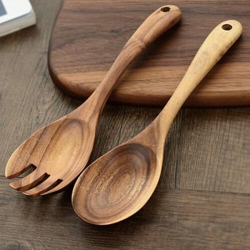 Natural Wood Spoon Fork Large Soup Spoon Salad Serving Spoon Fork Set Long Handled Spoon Wooden Tableware Kitchen Wood Utensils