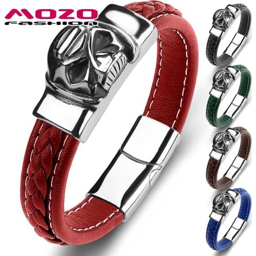 MOZO FASHION Men Bracelets Punk Skeleton Multi Color Genuine Leather Stainless Steel Charm Wholesale Dropshipping Jewelry 132