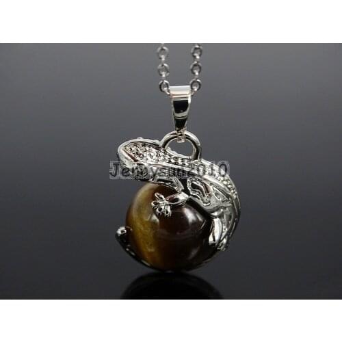 Natural Tigers Eye Gems Stone Round Ball Chakra Healing Lizard Pendant Necklace Beads Healing Jewelry Design 10Pcs/Pack