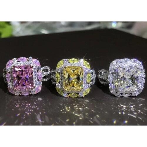 New Style Womens Fashion Crystal Stone Ring Silver Color Square Blue Pink Zircon Wedding Engagement Ring Boho Jewelry