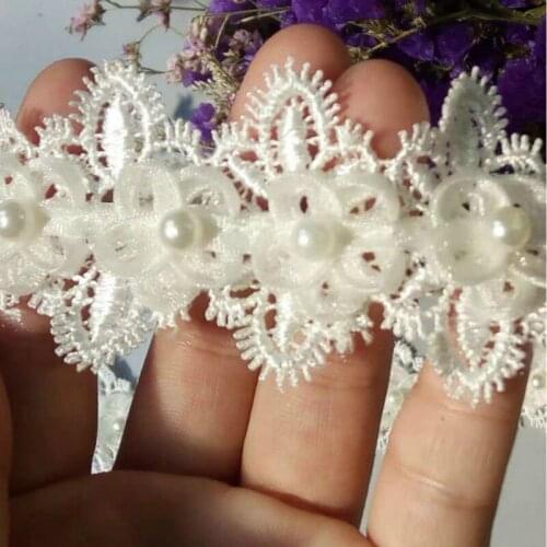 1 yard off-white Cotton Flower Pearl Embroidered African Lace Fabric Trim Ribbon Sewing Supplies Craft For Costumes Decoration