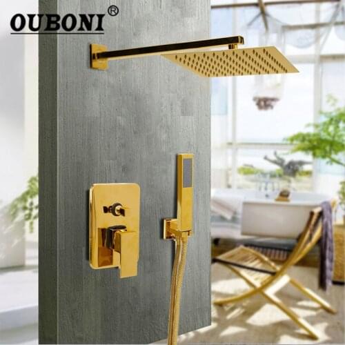OUBONI 8 Inch Gold Plate Solid Brass Wall Ceiling Mount Rainfall Bathroom Shower Set Height Handheld Bathtub Mixer Tap Faucet