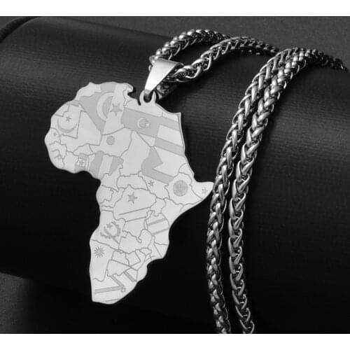 Anniyo Silver Color Stainless Steel Polishing Africa Map Flag Pendant Chain Necklaces African Maps Jewelry for Women Men #126121
