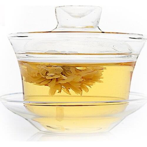 PINDEFANG Ultra Clear Glass Chawan Boroslicate Glass San Cai Tea Cup with Saucer and Lid Traditional Kungfu Tea Mug Small Pot