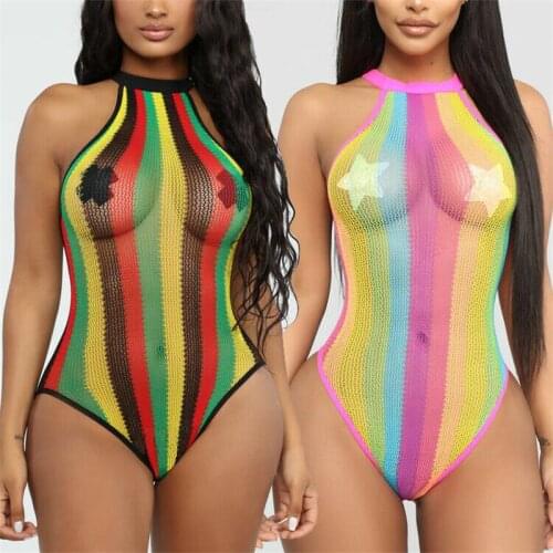 Sexy Women Colorful Striped Swimsuit Swimwear Sleeveless Halter Mesh See Through Bathing Suit Beach Wear