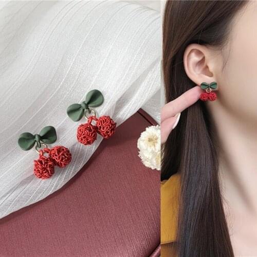 Funny Cute Green Leaf Red Cherry Pendant Drop Earrings for Women Girls Teens Ear Jewelry Fruit Earrings 2021 Trend New Arrival