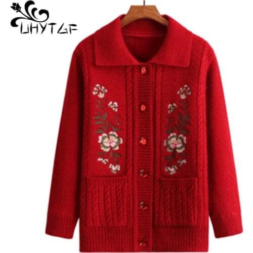 UHYTGF knitted sweater Female cardigan autumn Wool sweater coat women fashion flowers casual warm Plus size jacket pull femme726