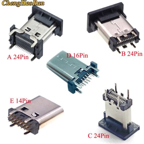 ChengHaoRan 1pcs Vertical Plug-in USB 3.1 TYPE C male 12P 14P 16P 24P SMD DIP Connector Four-pin Board For SMT DIY PCB Design