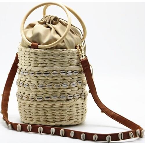 Casual Shell Straw Woven Bucket Bags For Women Rattan Woven Ring Shoulder Bags Handmade Straw Woven Ladies Handbag Summer Beach