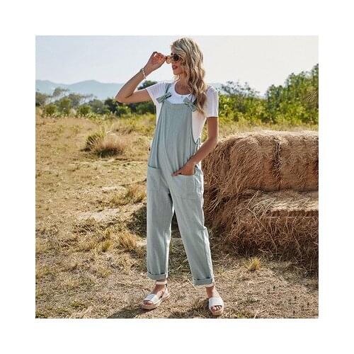 Womens Fashion Loose Jumpsuit Pure Color Harajuku Pocket Bowknot Workmans Wear High Waist Casual Overalls 2021 Spring Autumn