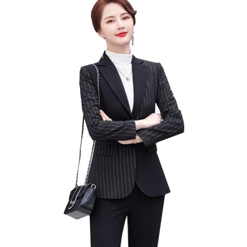 Fashion Black White Stripe Ladies Asymmetric Pant Suit Formal Women Female Office Business Jacket and Trouser 2 Piece Set Blazer