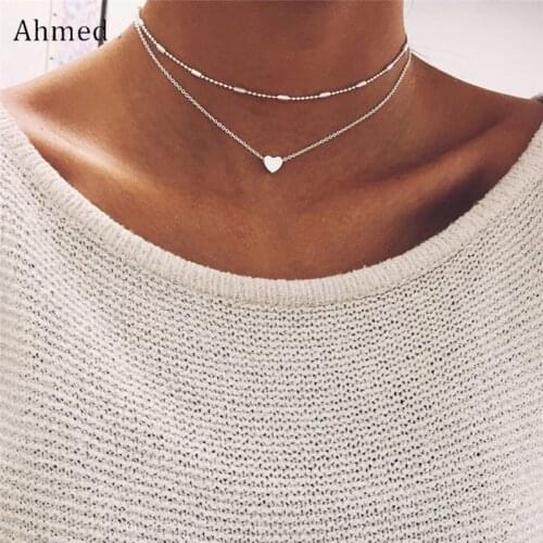Ahmed Vintage Copper Love Heart Pendant Double Layer Clavicle Choker Necklace Fashion Collar Bijoux For Women Jewelry