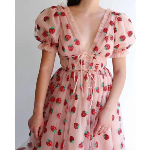 2021 New Summer Strawberry Long Mesh Lace Dress for Women Sexy Strawberry Dress Sweet Mesh Yarn V-Neck Pleated Long Dresses