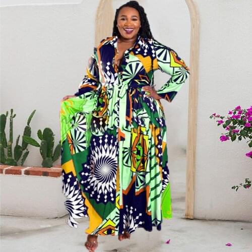 2021 Summer New Large Size Digital Printing Temperament Commuter Long Cardigan Shirt Dress