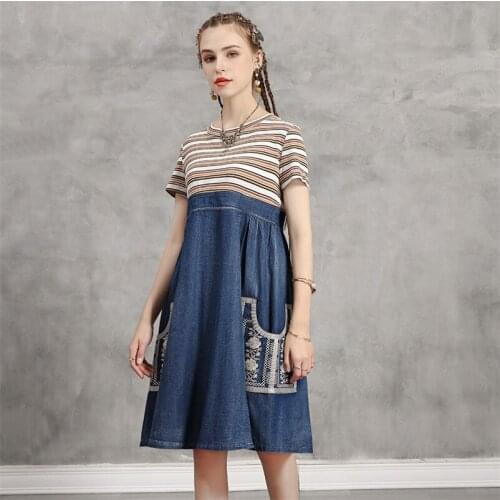 Summer Knitting Patchwork Denim Dress 2020 Vintage Women A line Dresses O-Neck Embroidery Girls Dress K82227 Female Vestidos