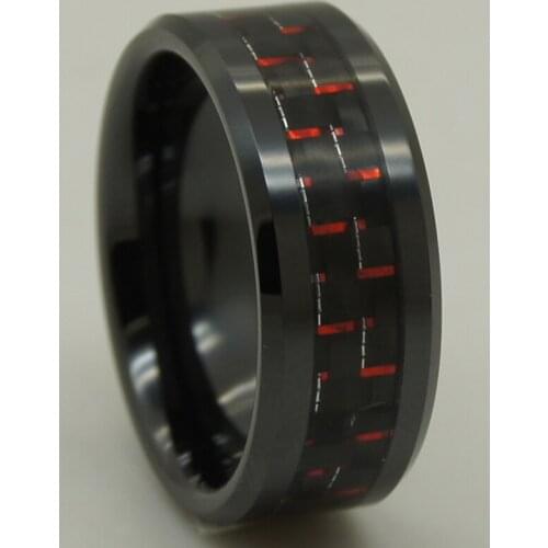 Black & red carbon fiber inlayed black hi tech scratch proof ceramic ring 1pc