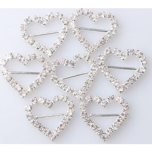 24mm 9/10" Silver Heart Rhinestone Embellishment DIY Accessories Decoration Buckle For Wedding Invitation Card For Ribbon Slider