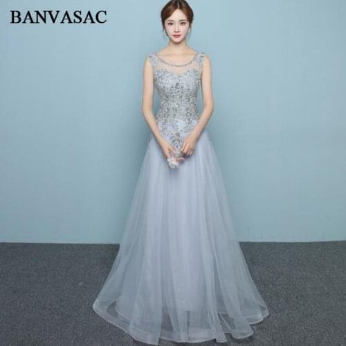 BANVASAC 2018 Crystal O Neck Flowers A Line Long Evening Dresses Party Lace Embroidery Backless Sweep Train Prom Gowns
